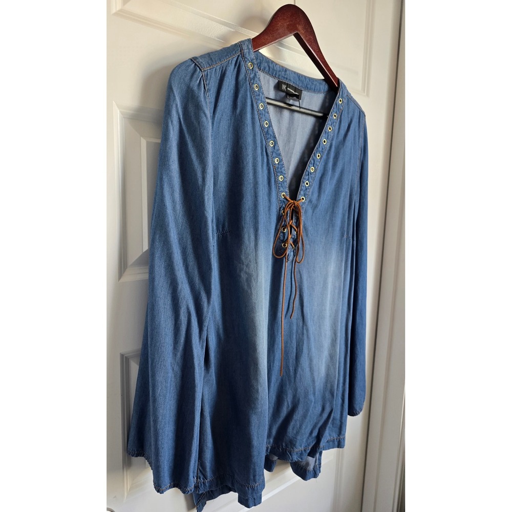 INC International Concepts Blue Chambray Lace Up Tunic Blouse Grommet Top Size 8 - Picture 3 of 4